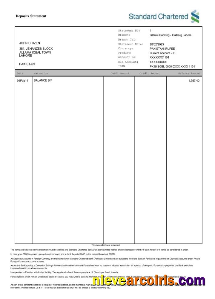 Pakistan Standard Chartered bank statement Word and PDF scr
